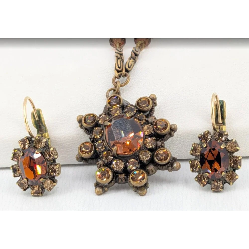 Liz Palacios Amber Crystal Necklace Earrings Set Gold Tone Signed 16 Inch Glam